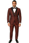 Alberto Nardoni men's burgundy tuxedo jacket. Shiny, striped fabric, satin shawl collar, single-button closure, and fitted silhouette. Features two front pockets. Formal wear.
