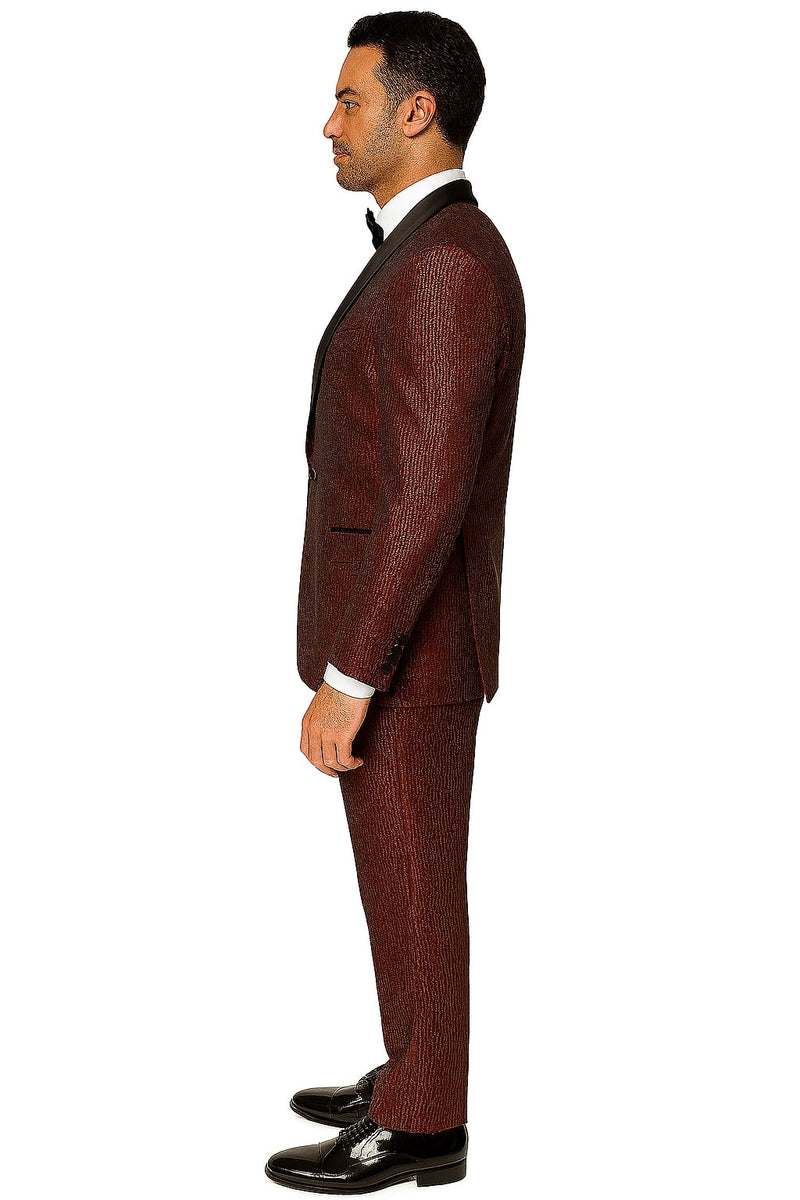 Alberto Nardoni men's burgundy tuxedo jacket. Fitted, single-breasted, black lapels. Shiny finish with subtle vertical stripes. Features side pockets and back vent for a tailored look.
