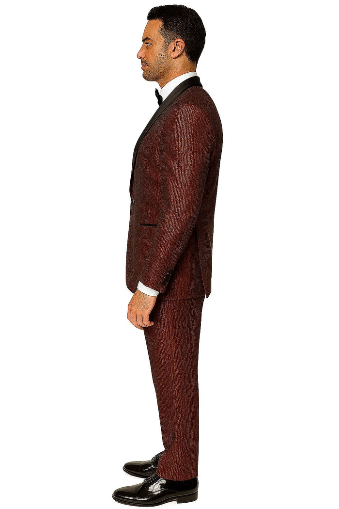 Alberto Nardoni men's burgundy tuxedo jacket. Fitted, single-breasted, black lapels. Shiny finish with subtle vertical stripes. Features side pockets and back vent for a tailored look.
