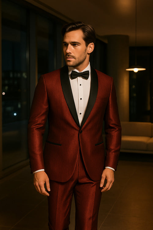 Men's Burgundy Shiny Tuxedo with Black Satin Shawl Lapel â€“ Ultra Slim Fit Party & Prom Suit