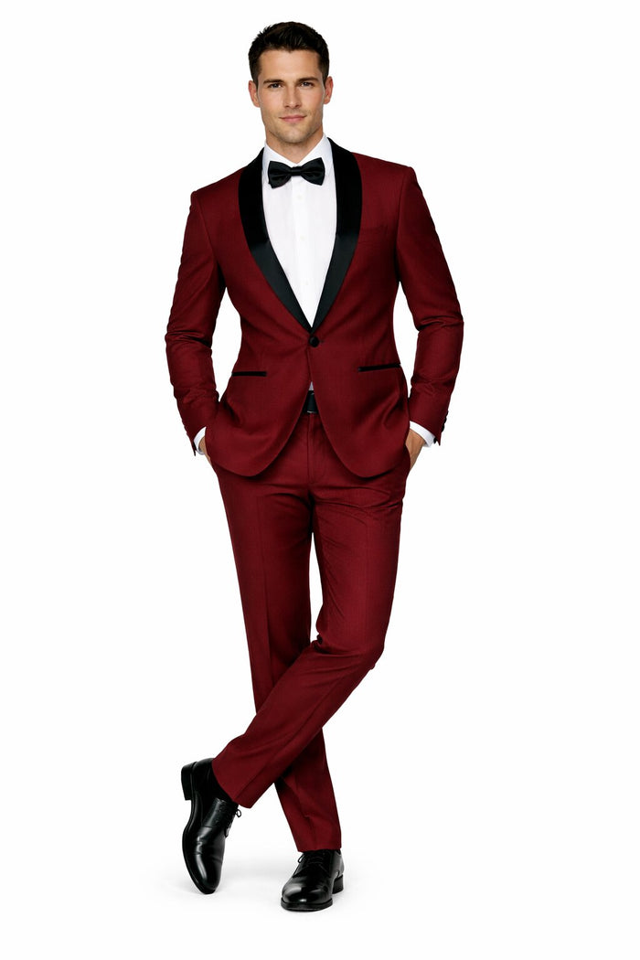 Mens Slim Fit 1 Button Shawl Tuxedo in Burgundy
