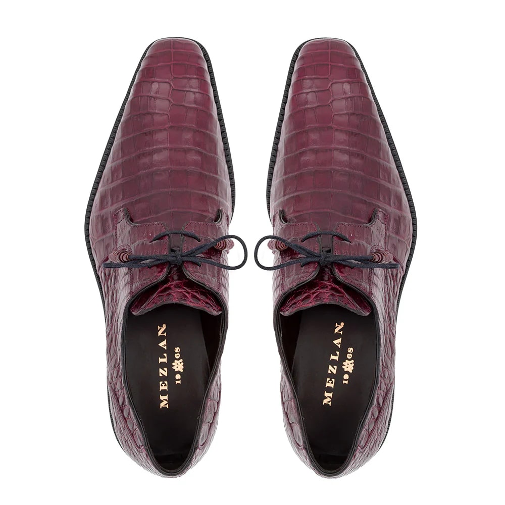 Mezlan Anderson Men's Exotic Crocodile Lace-Up – Blucher Style in Grey, Burgundy, Black, Blue, Dark Brown