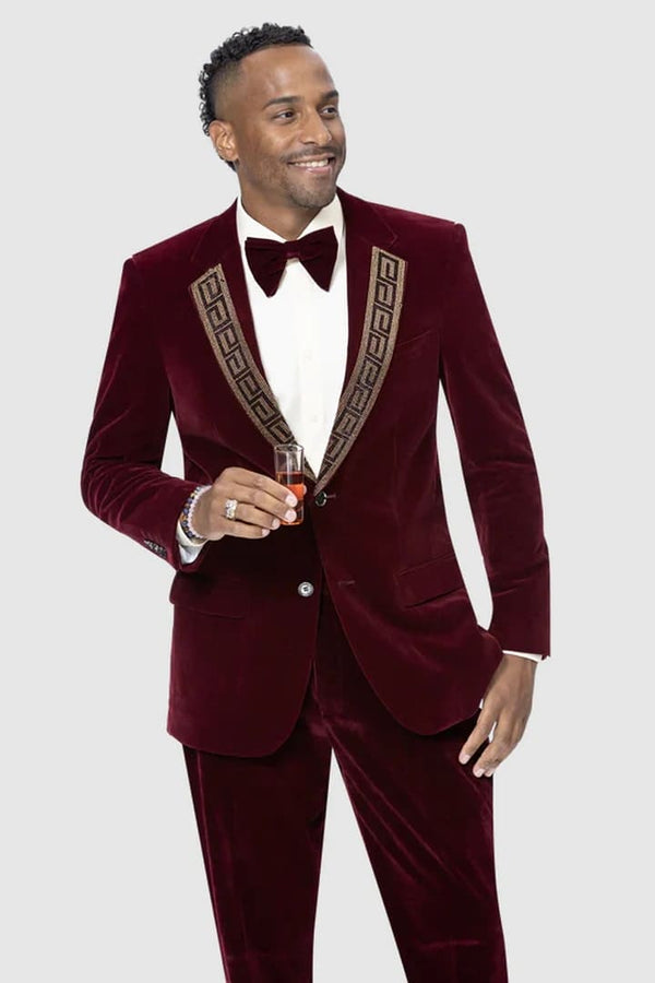 Mens Modern Fit Velvet Tuxedo Gold Sequin Embellishment Burgundy Suit