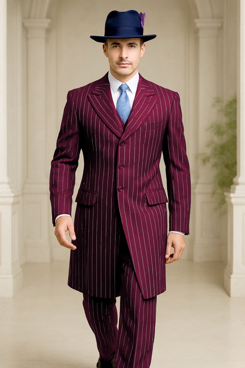 Men's burgundy pinstripe suit. Classic long coat with wide lapels, three buttons, and tailored fit. Vertical white pinstripes on coat and trousers for a polished look.

