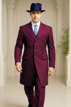 Mens Burgundy Pinstripe Suit – Classic Long Coat Style with White Stripes