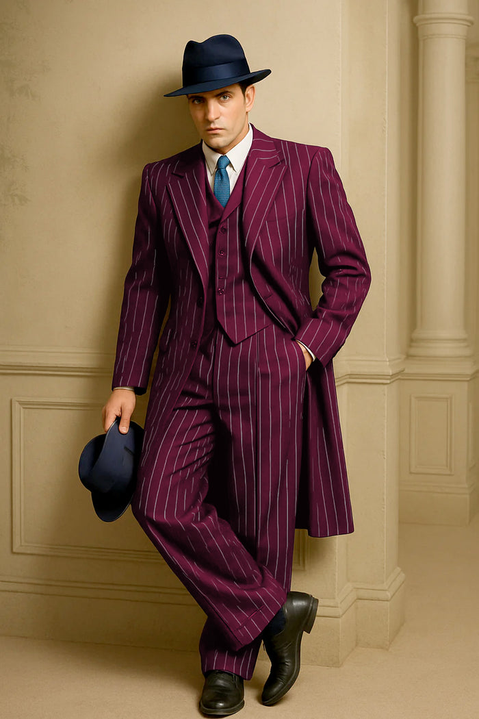Men's burgundy pinstripe suit. Classic long coat with white stripes, matching vest and pants. Fitted silhouette.
