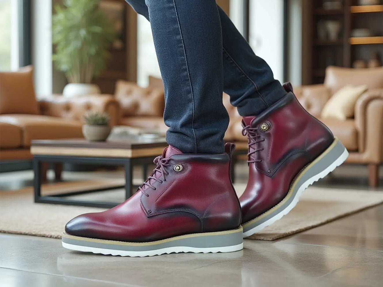 Men’s Burnished Calfskin Leather Lace-Up Boot