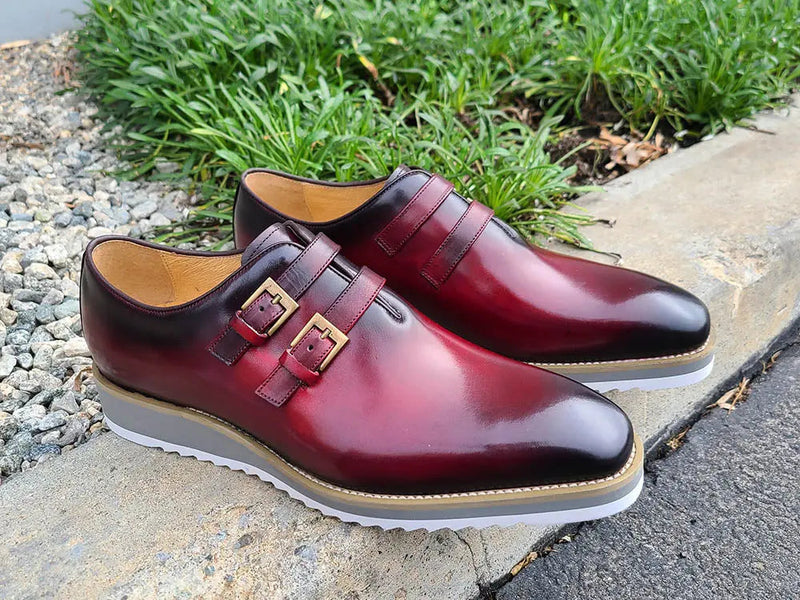 Carrucci Burnished Leather Double Monk Strap Whole Cut Shoe