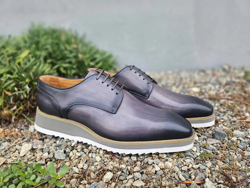 Mens Burnished Leather Lace-Up Derby Shoes