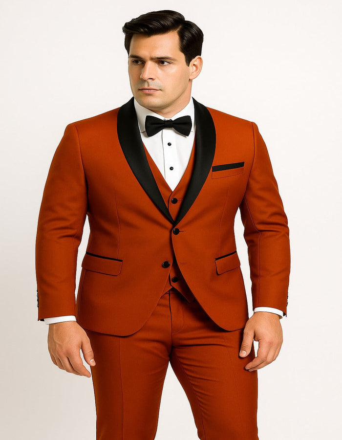 Men's Burnt Orange Tuxedo Suit 3-Piece Slim Fit with Black Satin Shawl Lapel