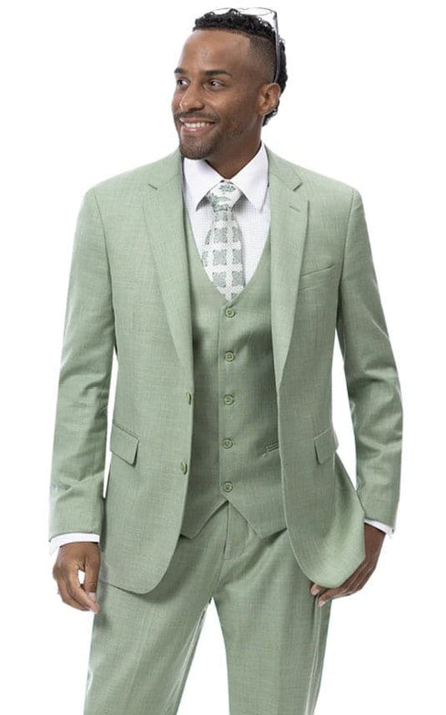 Mens Modern Fit Two Button Vested Notch Lapel Sharkskin Business Suit in Moss Green