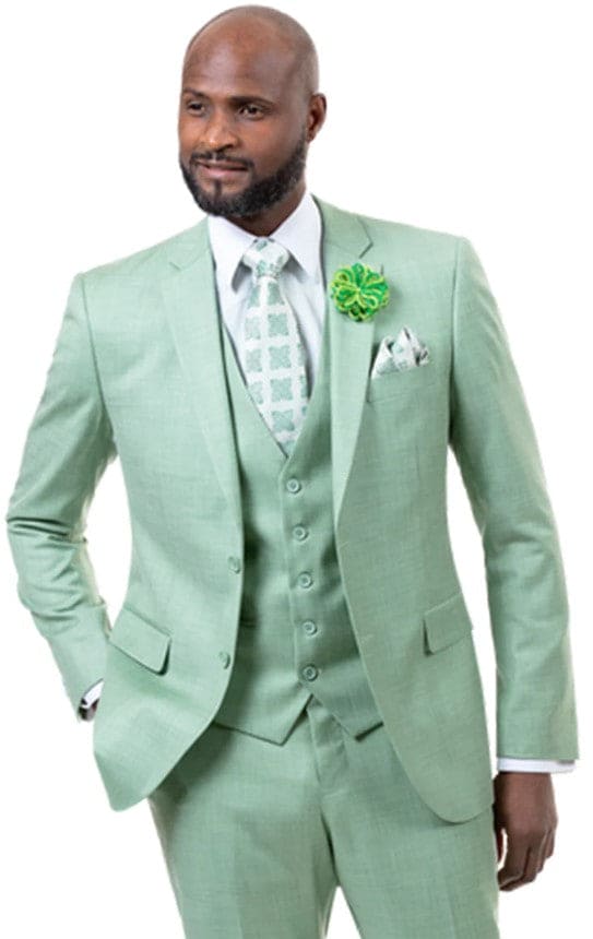 Mens Two Button Vested Sharkskin Weave Matching Vest Business Suit in Moss Green