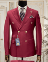 Mens Designer Modern Fit Double Breasted Wool Suit with Gold Buttons in Light Burgundy