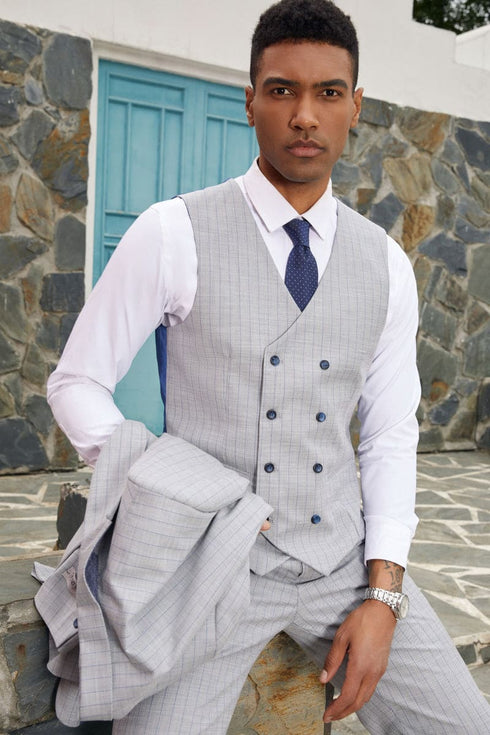 "Mens Stacy Adams Suit - Stacy Adams  Suit Men's Designer Suit - Vested One Button Peak Lapel in Light Grey Pinstripe"