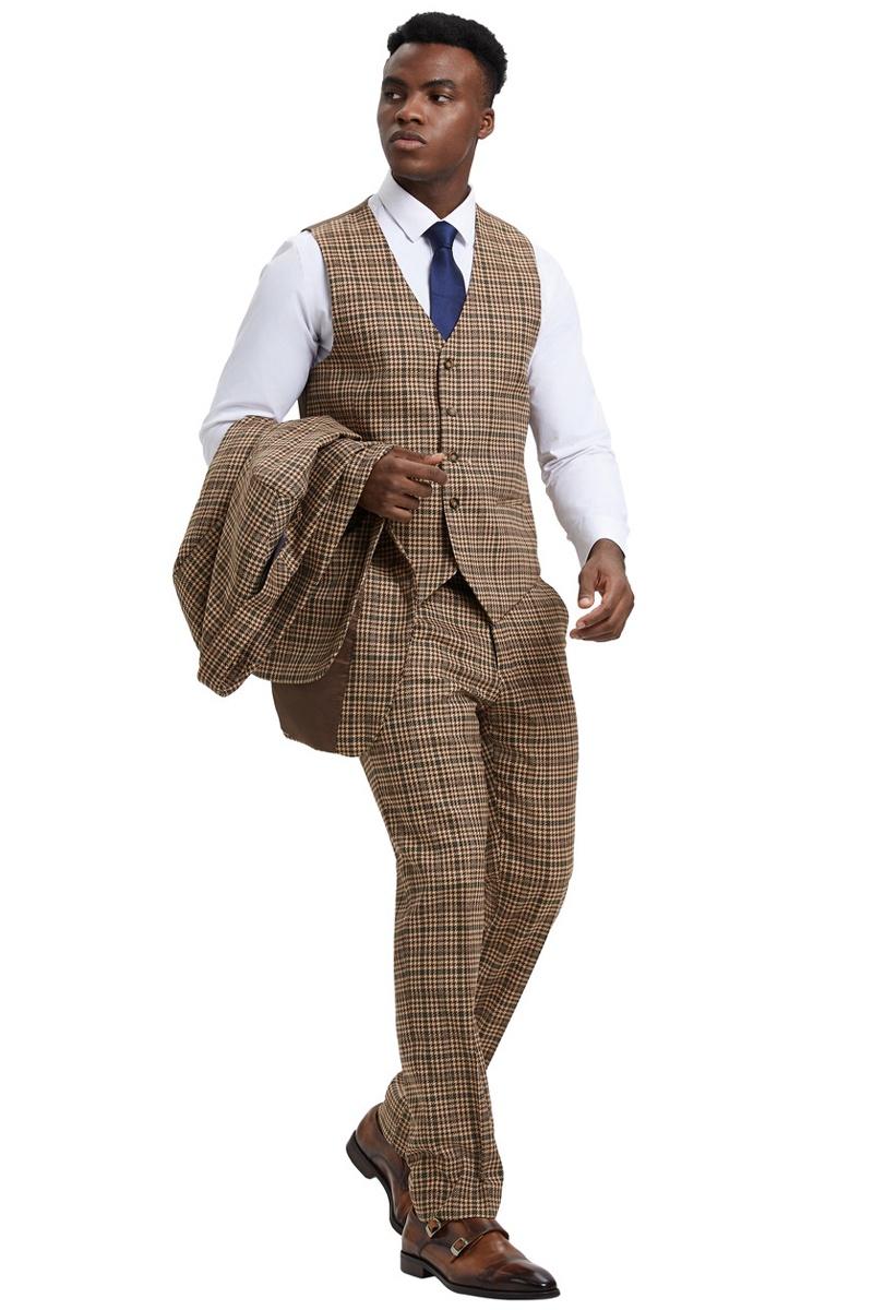 Stacy Adams men's modern fit suit in camel green houndstooth glen plaid. Includes fitted vest and trousers. Features camel and green tones, worn with a white shirt and dark blue tie.
