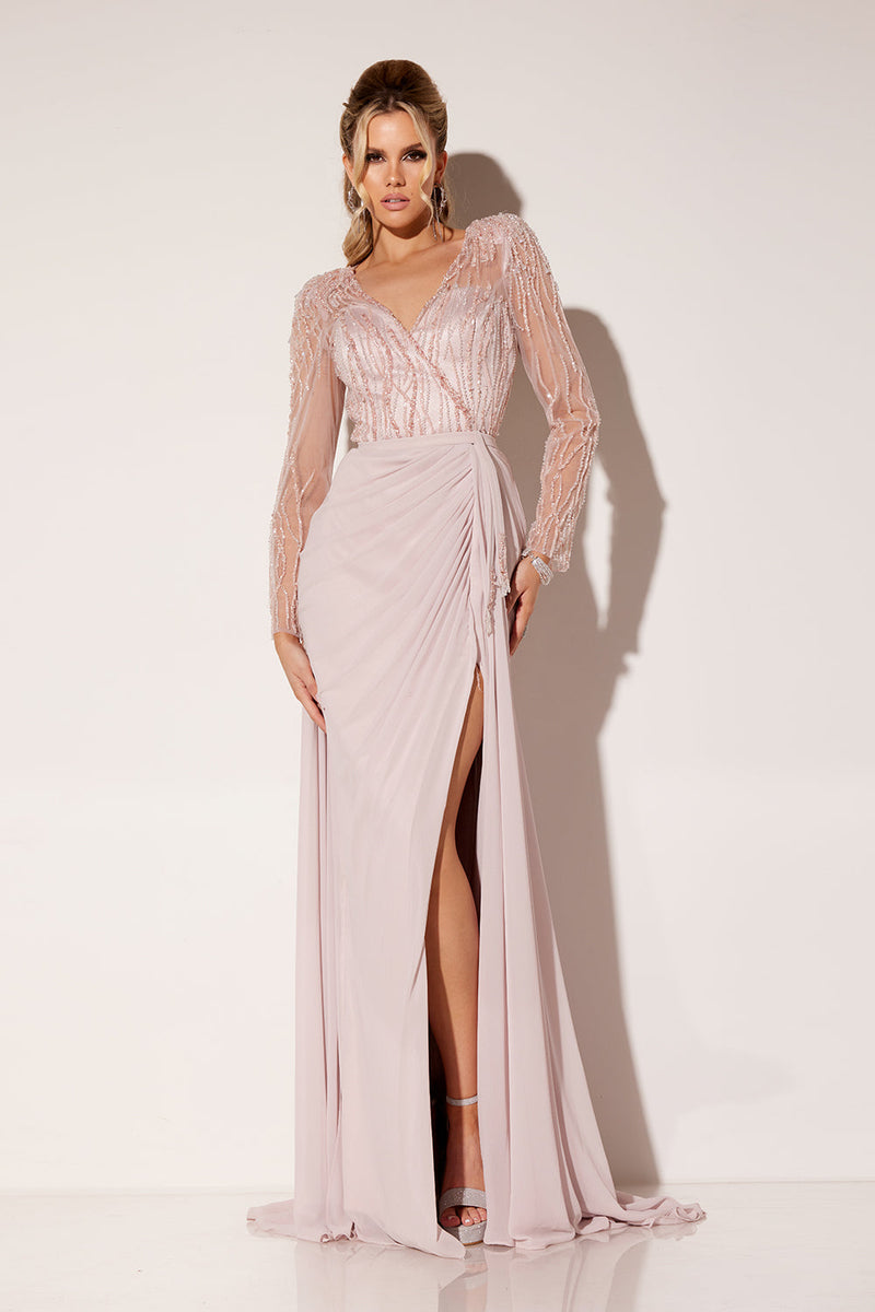 Chiffon Long Sleeve Slit Gown by Lucci Lu C8069