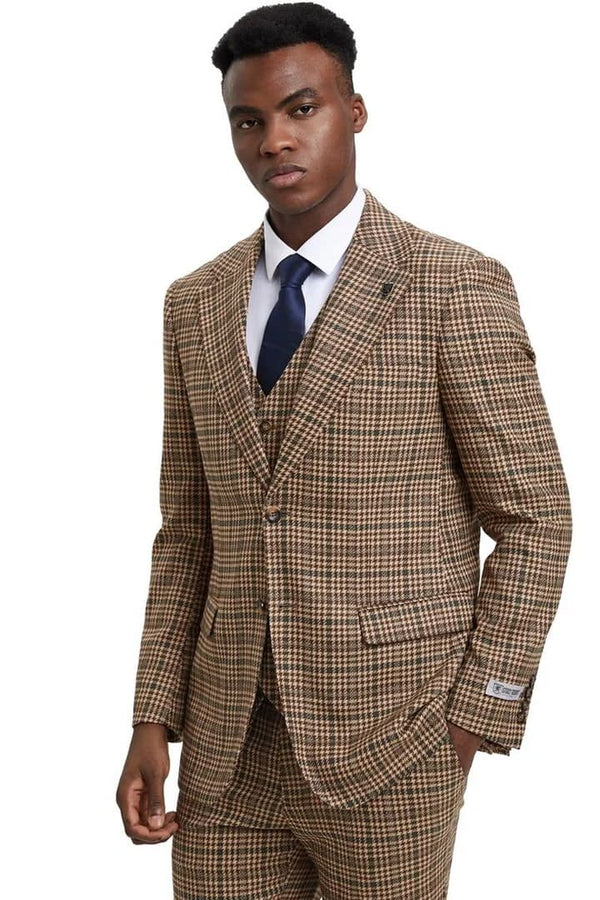 Plaid Suit - Windowpane Suit - Checkered Suit - Mens Vested Camel Suit