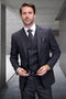 Charcoal grey sharkskin suit. Modern fit, wool blend. Features a peaked lapel, double-breasted vest, and tailored trousers. Subtle sheen and structured silhouette for a refined look.
