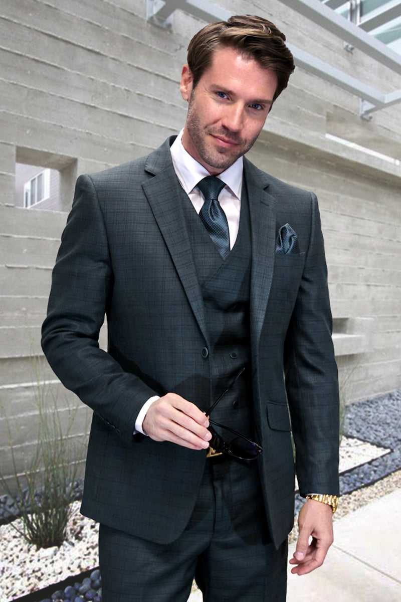 Men's hunter green designer sharkskin suit. Modern fit, wool blend. Structured blazer with notch lapels, single-breasted. Matching vest (3-button). Subtle sheen, check pattern. Includes tie and pocket square.