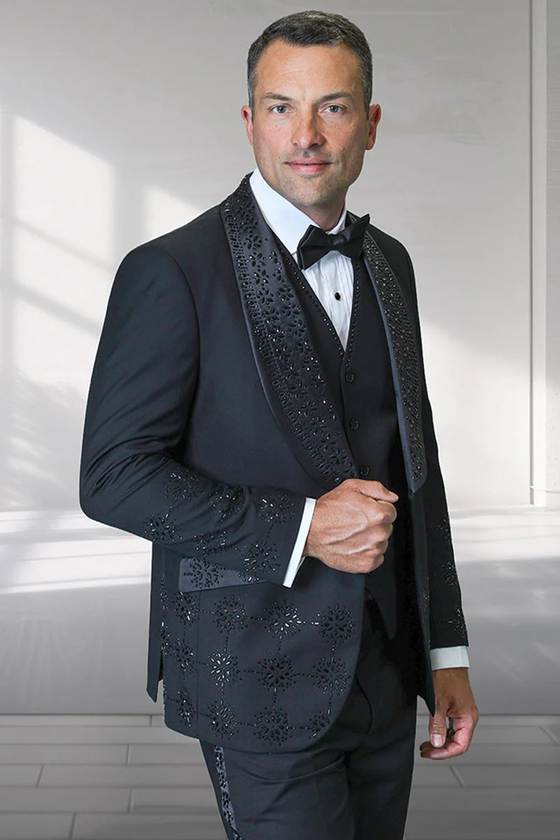 Mens Designer Floral Rhinestone Prom and Wedding Tuxedo in Black and Black
