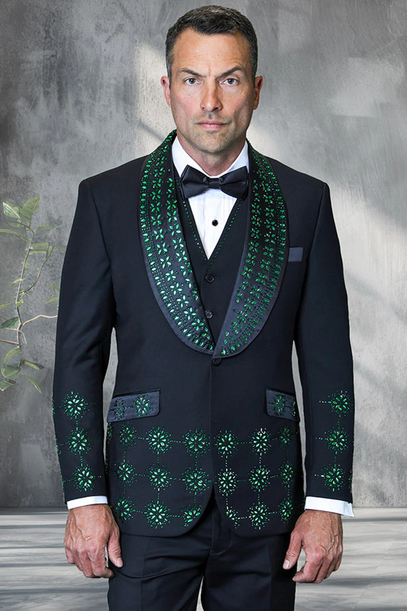 Mens Designer Floral Rhinestone Prom and Wedding Tuxedo in Black and Green