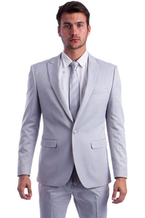"Men's Slim Fit Suit - One Button, Peak Lapel in Light Grey"