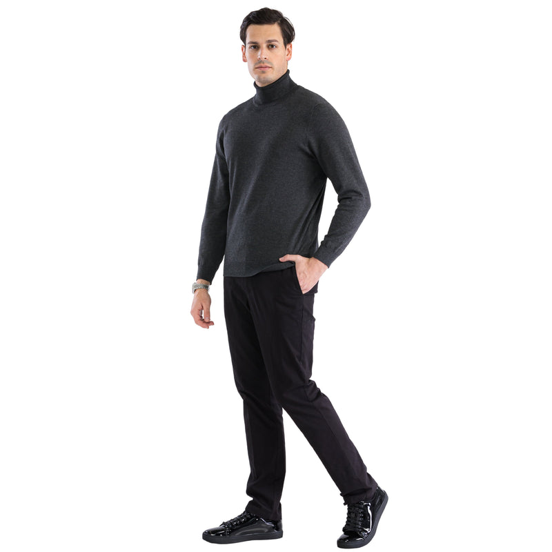 Alberto Nardoni men's charcoal turtleneck sweater. Fitted, soft knit with a high, rounded neckline. Long sleeves taper at cuffs, straight hem at the hip. Solid, smooth texture.
