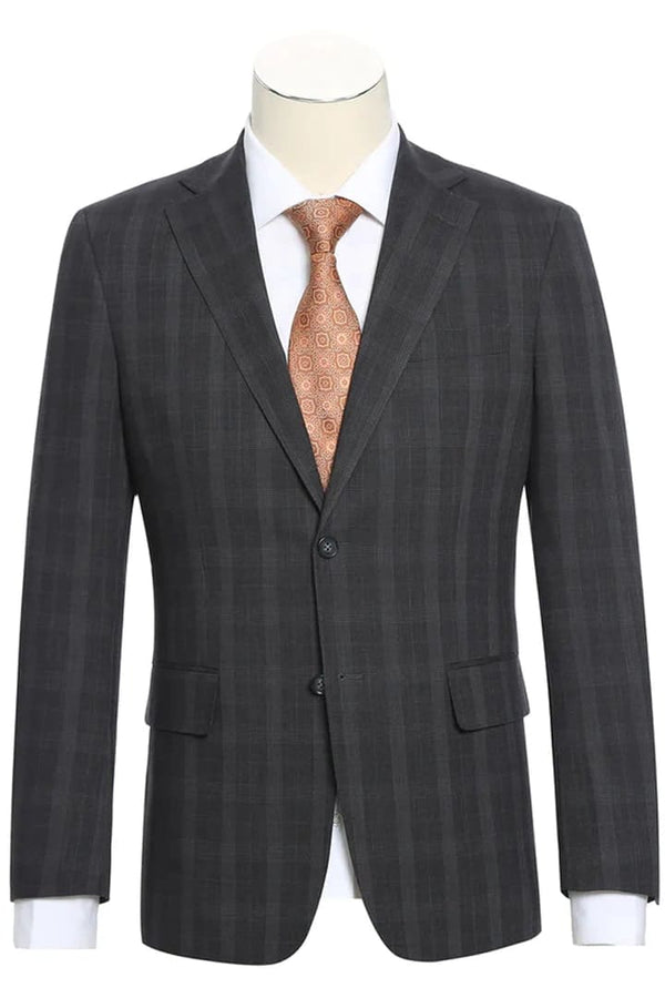 Mens Plaid Suit - Patterned Business Suit - Mens Designer Two Button Slim Fit Notch Lapel Suit In Dark Charcoal Grey Windowpane Plaid