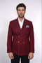 Men's burgundy slim-fit blazer. Double-breasted with textured finish, structured lapels, long sleeves, and two front pockets. Stylish and sharp design.
