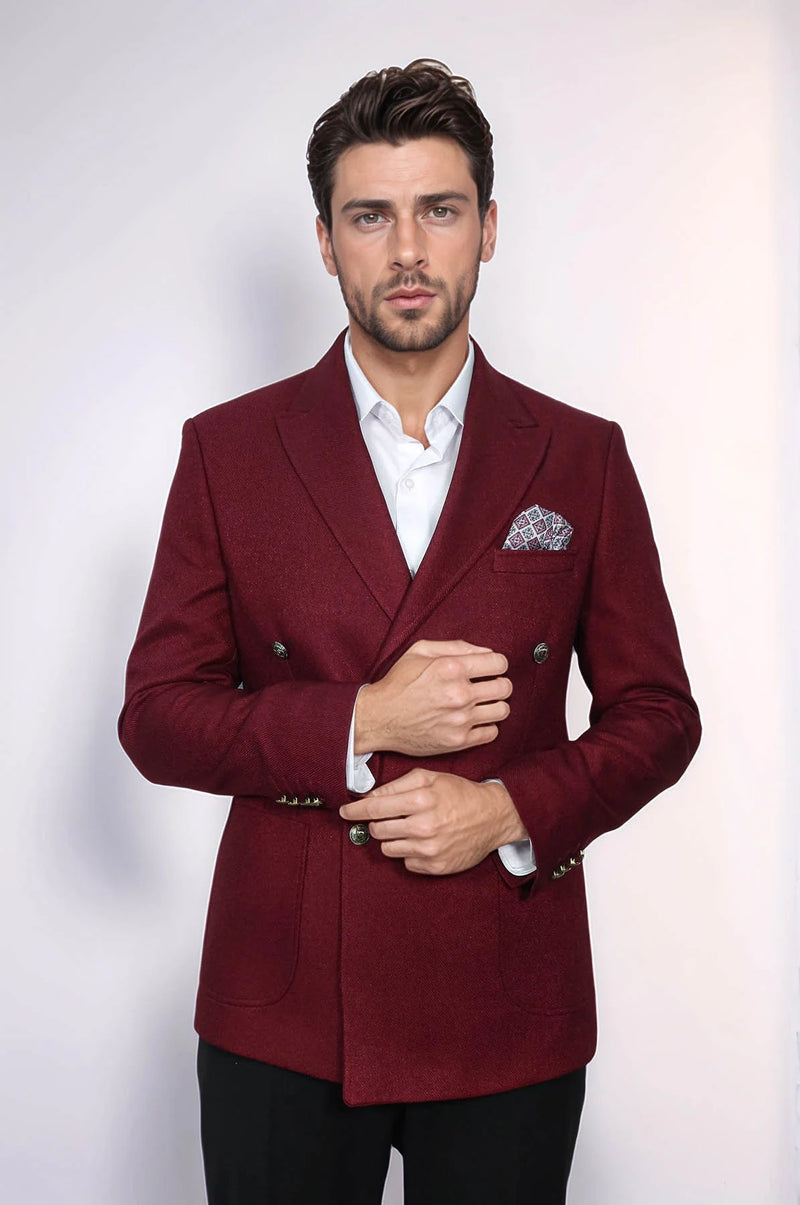 Men's burgundy slim fit blazer. Double-breasted, textured fabric, notched lapel. Includes a pocket square. Stylish and sharp design.
