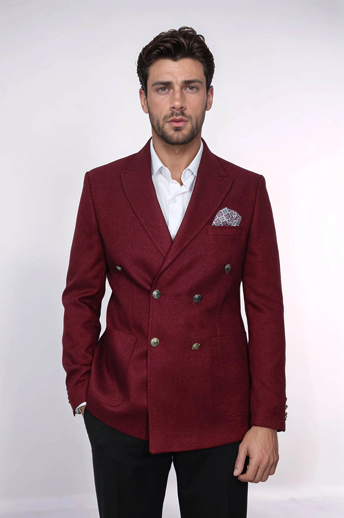 Men's burgundy slim-fit blazer with double-breasted design. Gold buttons, textured fabric, and two front pockets. A sharp, stylish look.
