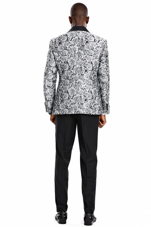 "Silver Men's Slim Fit Paisley Floral Prom 2025 Tuxedo - One Button Vested"