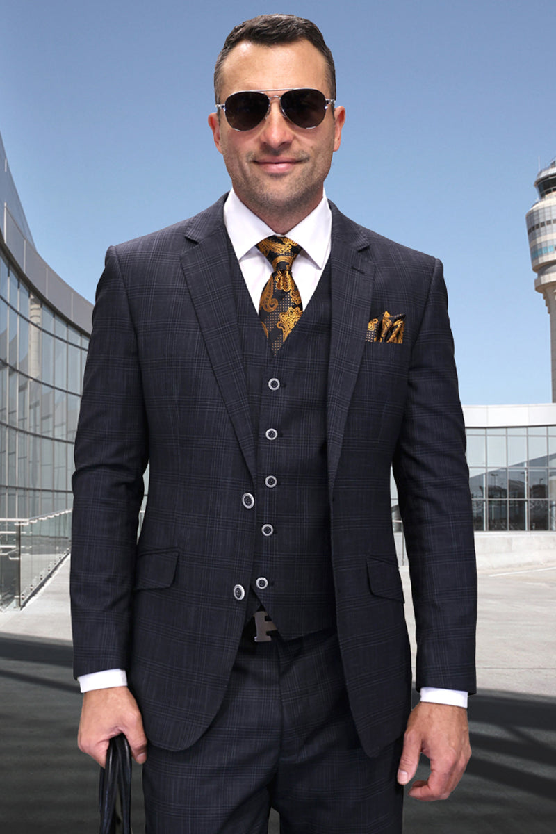 Men's modern fit sharkskin suit: black wool, subtly plaid. Tailored blazer (notch lapel, 2-button), fitted vest, tapered trousers. Sophisticated, textured appearance.