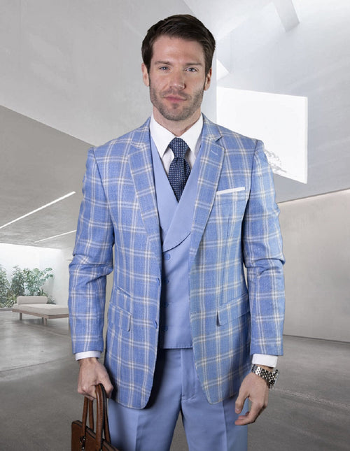 Men's light blue plaid double-breasted vest suit. Classic fit with tailored vest and suit jacket. Two-toned plaid design with notched lapels and side pockets.
