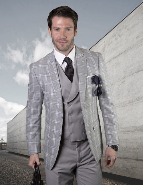 Men's grey plaid double-breasted vest suit. Classic fit with light & dark grey hues. Smooth texture, perfect for a tailored jacket and trousers.
