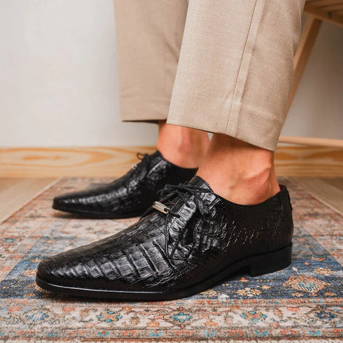 Marco Di Milano Lacio Men's Shoes Black Genuine Caiman Crocodile Dress Derby Oxfords