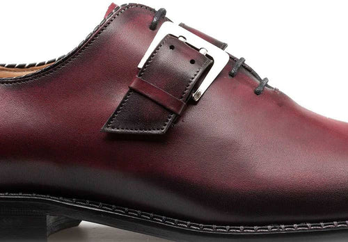 Machado Burgundy Calfskin Monk-Strap Shoes with Horsebit Buckle by Mezlan – Handcrafted in Spain