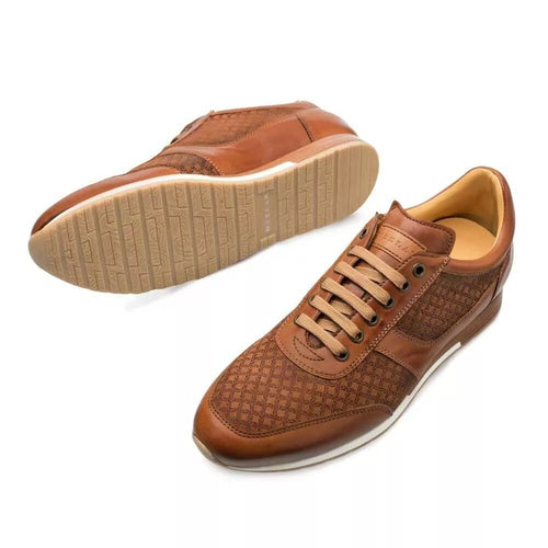 Tan Mezlan Maxim sneakers. Calfskin suede, streamlined shape, rounded toe. Tan & textured brown upper. Beige rubber sole with patterned tread. Lace-up closure, flat tan laces.
