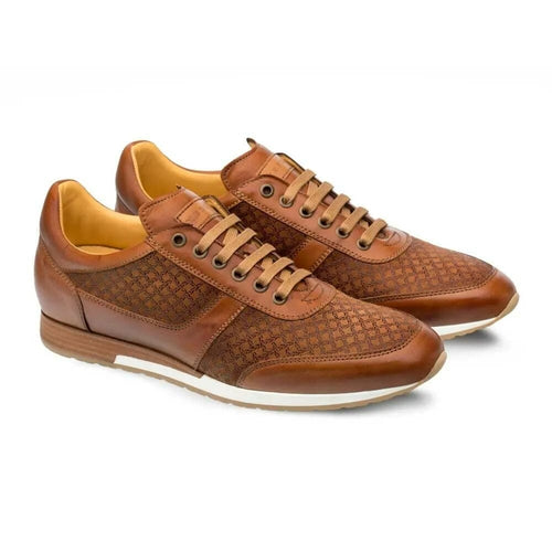 Mezlan Maxim tan suede sneakers with smooth leather upper and patterned sides. Lace-up design, rounded toe, and contrasting white rubber sole. Tan interior.
