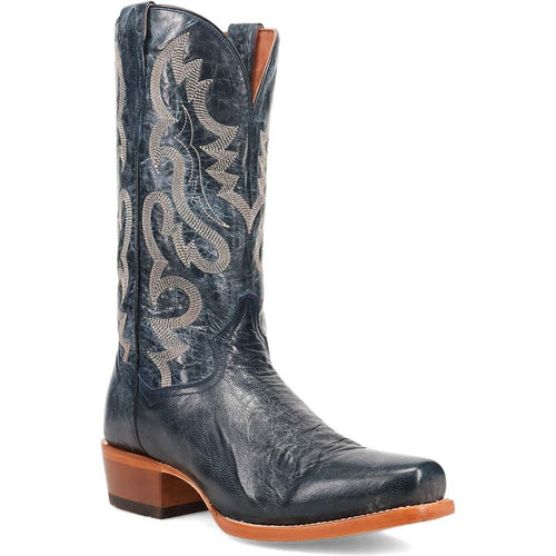 Dan Post Calvin men's boot in blue leather with a 13 toe. Features a tall shaft, decorative stitching, pointed toe, and stacked heel. Dark blue textured leather with a curved shaft top.