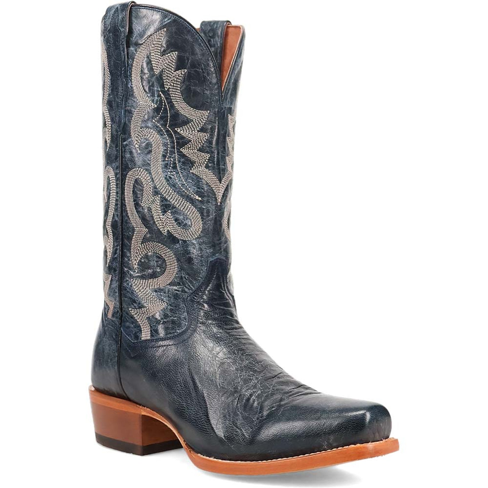 Dan Post Calvin men's boot in blue leather with a 13 toe. Features a tall shaft, decorative stitching, pointed toe, and stacked heel. Dark blue textured leather with a curved shaft top.