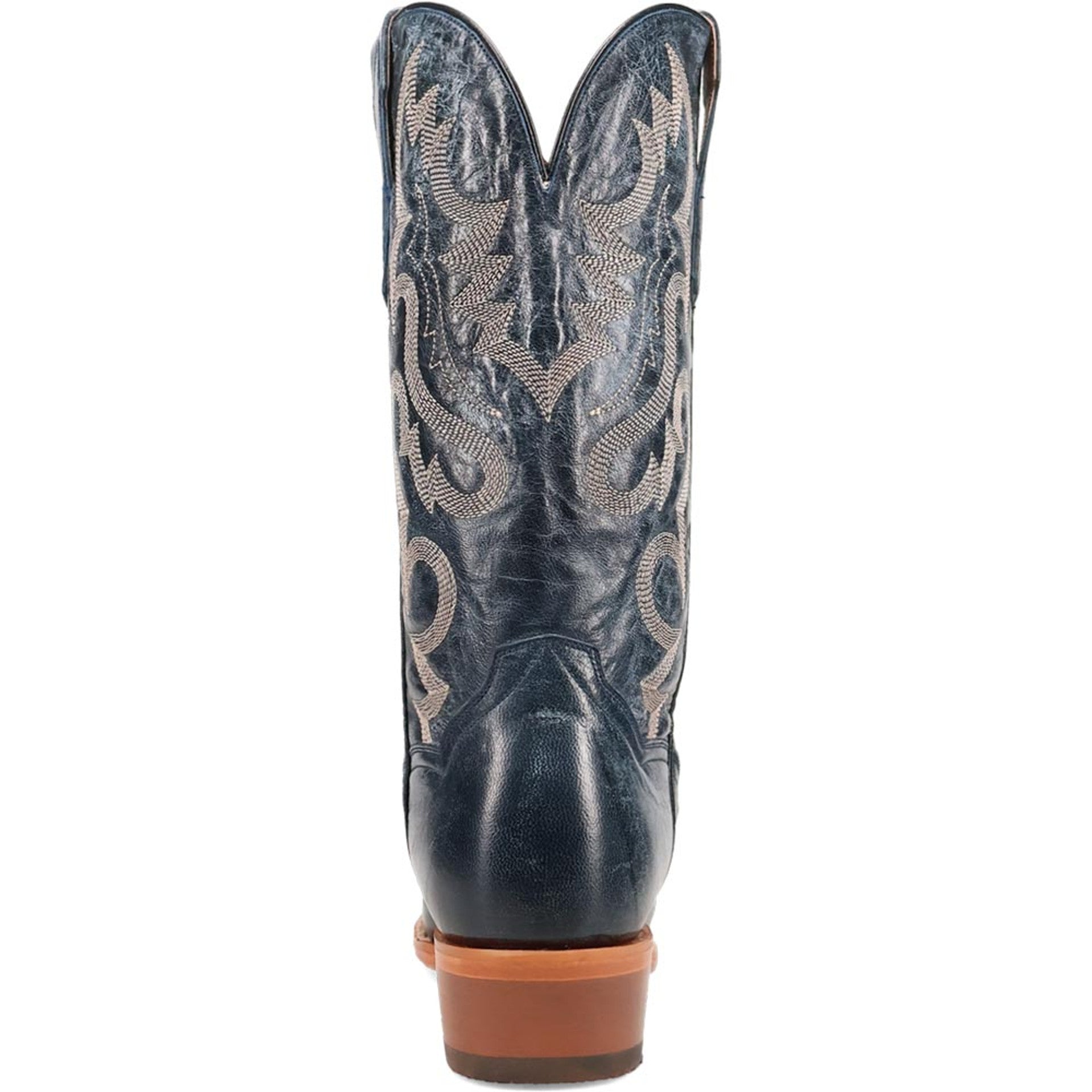 Dan Post Men's Calvin Blue boot. Dark blue leather, 13 toe, tall shaft with V-shaped top. Light stitching details. Contrasting heel. Sleek, fitted design.