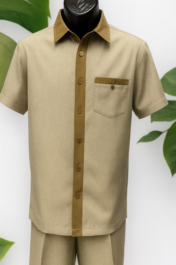 Men's camel beige houndstooth short-sleeve walking suit. Button-up shirt with beige houndstooth pattern, solid camel collar, chest pocket. Textured fabric. Matching beige shorts.
