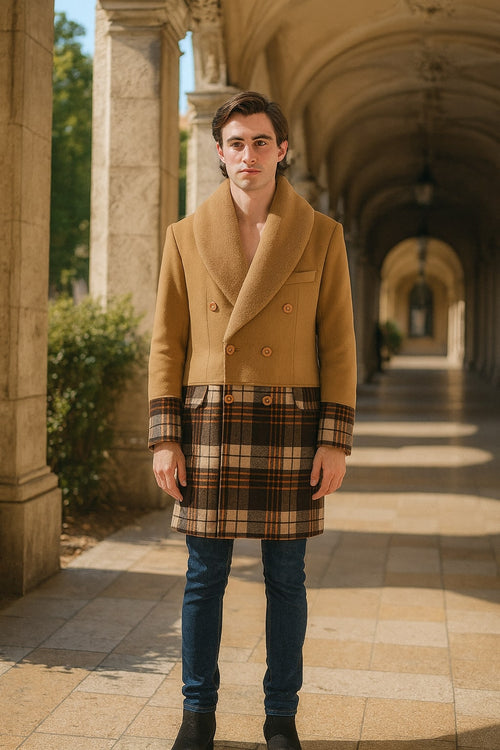 Men's camel brown overcoat with shawl collar, double-breasted, plaid wool bottom. Features fur collar, contrasting solid and patterned sections.
