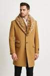 Mens Camel Overcoat with Light Faux Fur Collar – Single-Breasted Wool Dress Coat