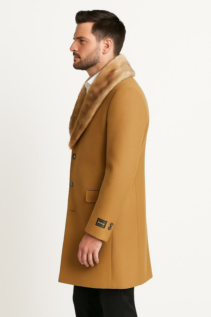 Mens Camel Overcoat with Light Faux Fur Collar â€“ Single-Breasted Wool Dress Coat