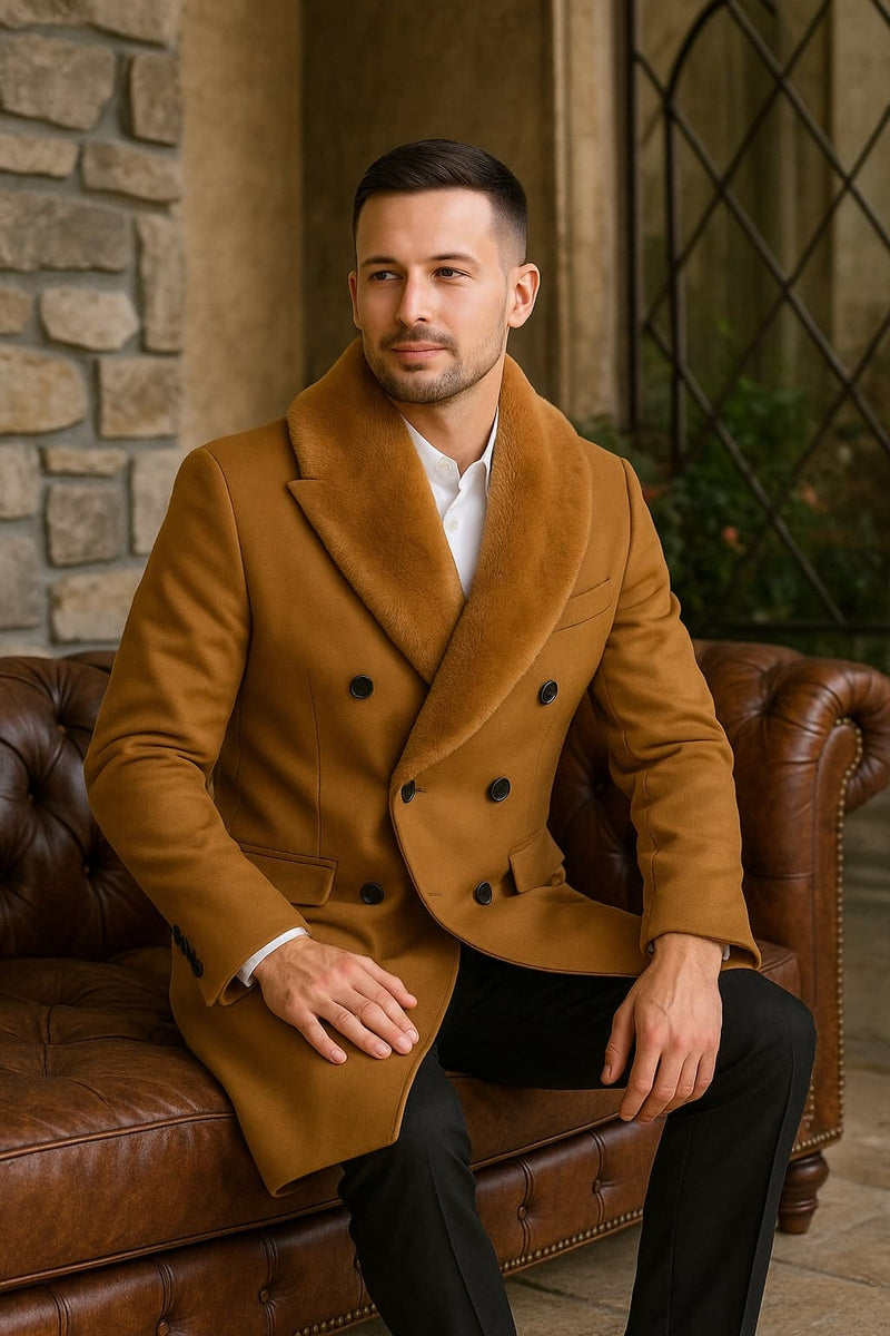Mens Camel Wool Overcoat with Faux Fur Shawl Collar â€“ Double-Breasted Winter Dress Coat