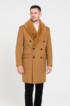 Mens Camel Wool Overcoat with Faux Fur Shawl Collar – Double-Breasted Winter Dress Coat