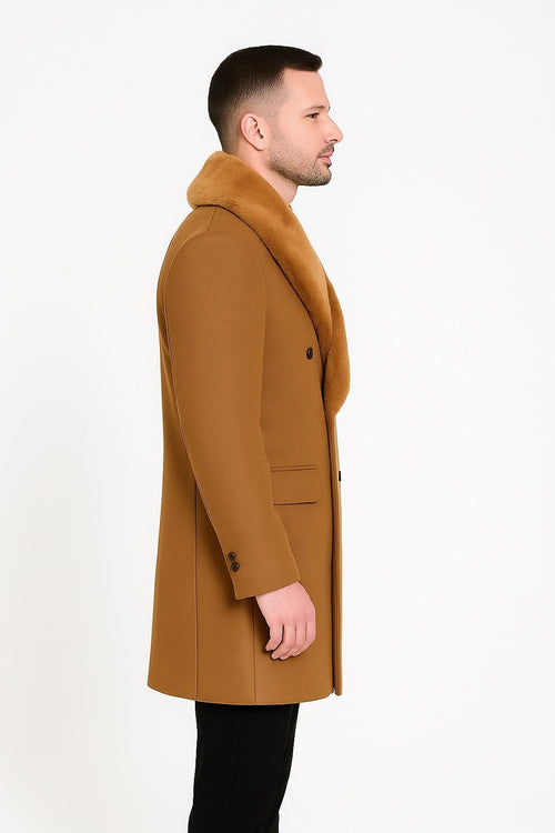 Mens Camel Wool Overcoat with Faux Fur Shawl Collar â€“ Double-Breasted Winter Dress Coat