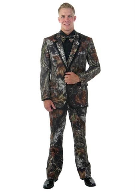 Army Green Tuxedo - Camouflage Patterned - Two Toned Vested Olive Camo  Single Breasted  2 Button One Chest Pocket Tuxedo